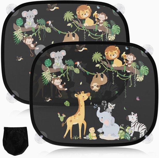 2 X Auto-sonnenschutz Für Babys, Uv-schutz, Sonnenblende Für Kinder, 45 X 36,5 Cm, Mit 8 Saugnäpfen Und Niedlichen Tiermotiven (ranken), 2er-pack