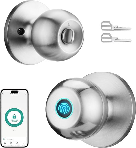 Intelligenter Türgriff Mit Fingerabdrucksensor Biometrische Steuerung Per App Und Schlüssel, Schlüssellos Satin Nickel Für Haustür Und Schlafzimm