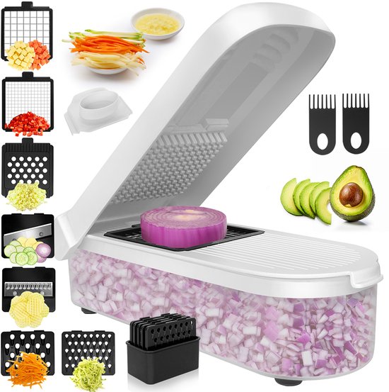 Gemüseschneider Mandoline Multifunktional 7 In 1 Mit 1,2 Liter Auffangbehälter Rutschfester Boden Und Fingerschutz Bpa Freie Edelstahlklingen Und