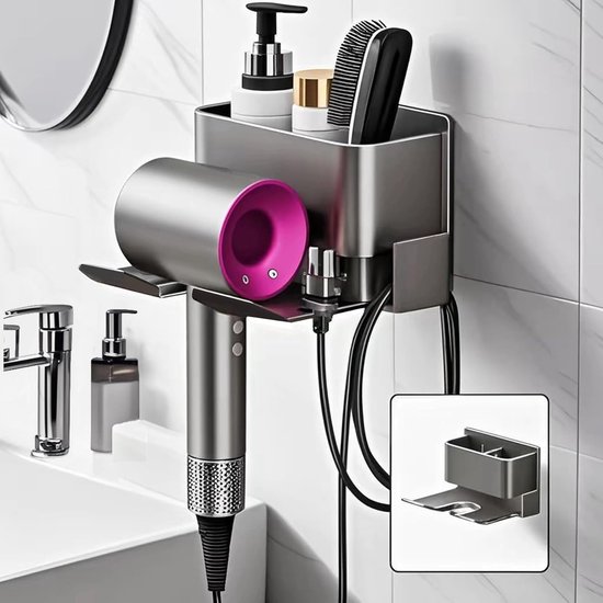 Haartrocknerhalterung Ohne Bohren – Wandmontage – Selbstklebendes Aluminium Mit Kabelmanagement – Haartrocknerhalterung Für Badezimmer Und Friseursalon