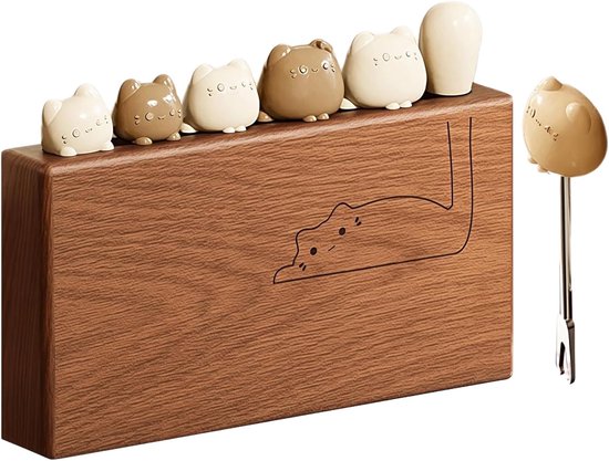 Edelstahlgabeln 6 Niedliche Kleine Gabeln Mit Katzenmotiv Und Holzhalter Für Aperitifs, Wurstwaren, Käse, Gebäck Und Salate