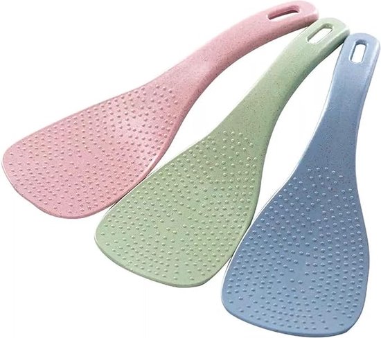 3er Set Reislöffel Servierlöffel Blau, Grün, Rosa Küchenutensil Weizenstroh 19,3 X 6 Cm