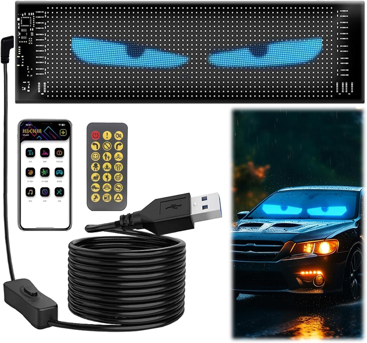 Led Eyes For Truck Car, Programmable Devil Eyes With App Control, Bluetooth Usb 5v And Remote Control, Personalised Light Sign For Truck, Car, Party, Billboard, Text, Graffiti (20 X 64 Pixels (348 X