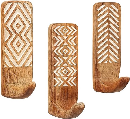 Dekorative, Selbstklebende Wandhaken Aus Holz Im Indisch-bohemischen Stil Zum Aufhängen Von Kleidung, 3 Haken, 6 Wasserfeste, Rostfreie Handtuchhalter, Für Bad Und Küche