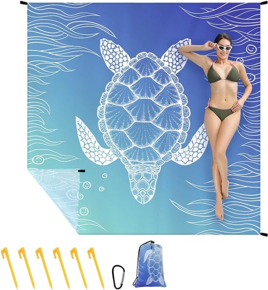 Große, Wasser- Und Sandabweisende Stranddecke 210 X 200 Cm Für 4-6 Personen - Faltbar Und Inklusive Heringen