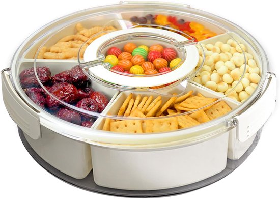 Obstschale, Gemüseschale Snackbox Runde Snackschale Unterteilte Schale Mit Deckel Und Griff Für Küche, Partys, Reisen Und Picknicks 6 Fächer
