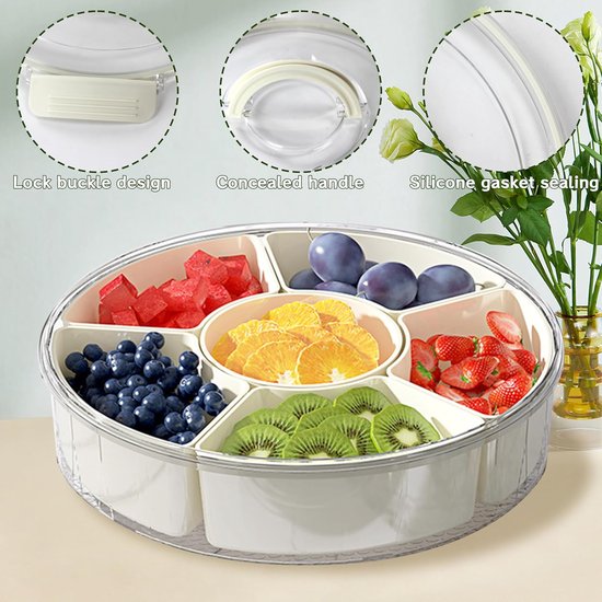 Obstschale Gemüseschale Snackbox Runde Snackschale Unterteilte Schale Mit Deckel Und Griff Ideal Für Küche Partys Reisen Und Picknicks 6 Fächer