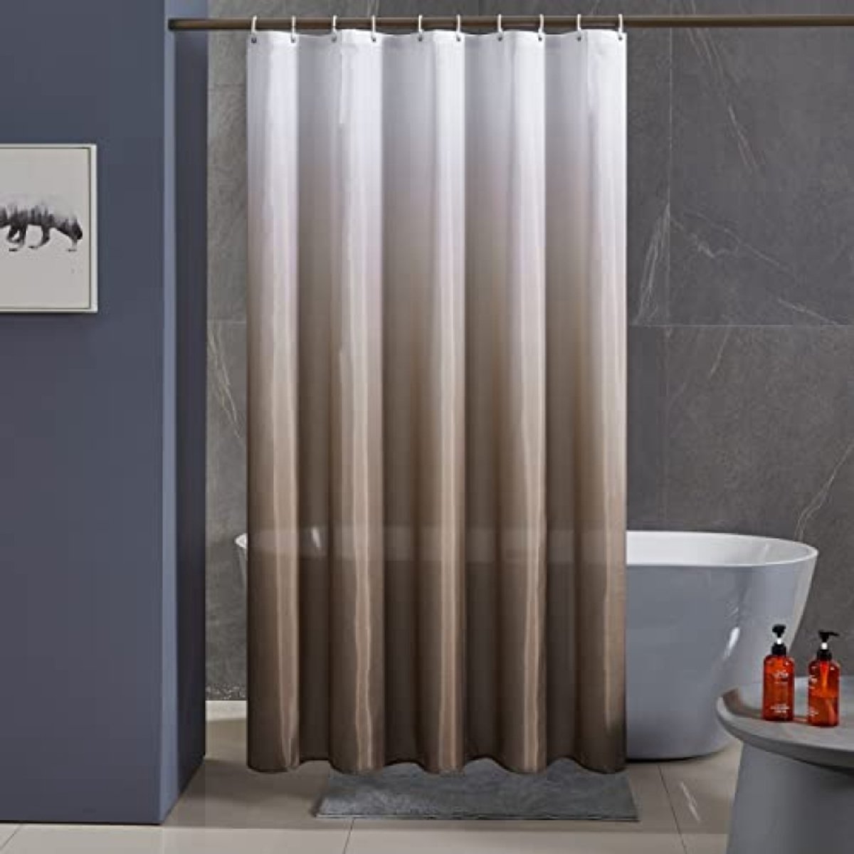Antimykotischer, Antibakterieller Duschvorhang Aus Textil, Extra Groß, Weiß-taupe, 200 X 200 Cm, Mit 12 Ringen Und Haken