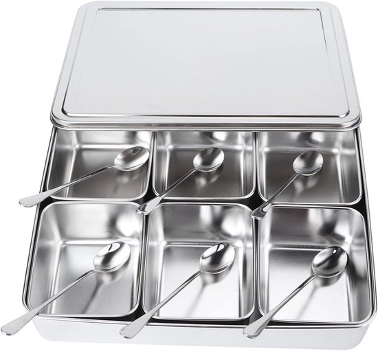Dailygoods – Gewürzbox Aus Edelstahl – Gewürzgläser Mit Löffel – Gewürzbehälter – Staubdichtes Design – 6 Fächer – Elegantes Design – Gewürzglas