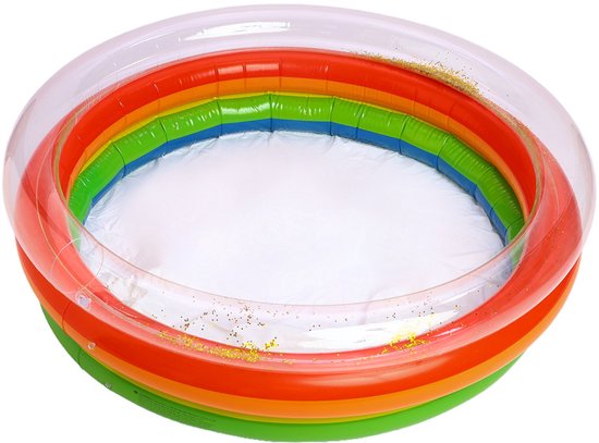 Aufblasbares Regenbogen-kinderbecken Ø 90 Cm Mit Glitzer Im Transparenten Rand, 3 Luftringe, Pvc-spielbecken Für Drinnen Und Draußen, Ideal Zum Spielen Mit Sand Und Wasser Im Sommer