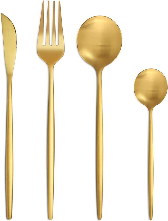 Besteckset Für 6 Personen, 24 Teiliges Edelstahl Besteckset, Mattgold, Essbesteck, Set Mit Messern, Gabeln, Löffeln, Hochwertiges Edelstahlbestec