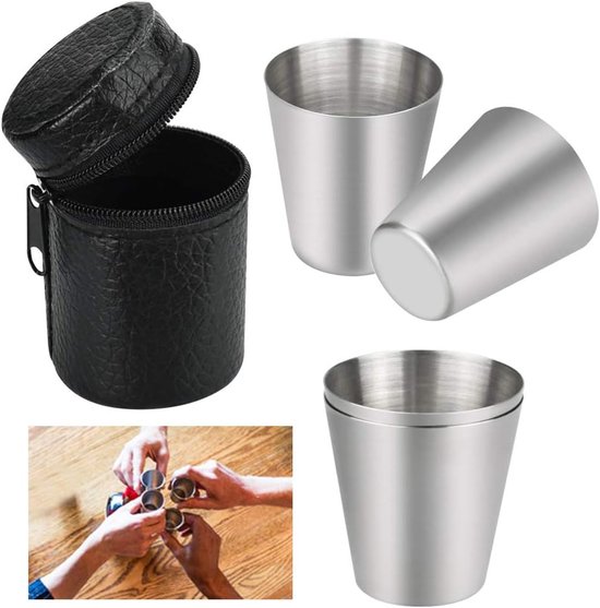 Tragbares Edelstahlbecher-set, 4er-pack – Leichte 30-ml-trinkgläser Mit Schwarzer Tasche Für Reisen Und Outdoor-aktivitäten