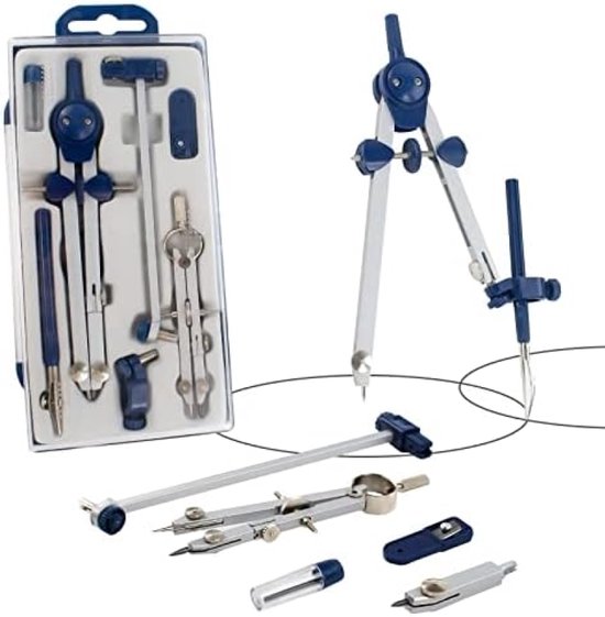 Professionelles 7 Teiliges Zirkel Geometrie Set Kreiszeichenwerkzeug Mit 2 Zirkeln, Verlängerungsstange, Universaladapter, Lineal, Anspitzer Und