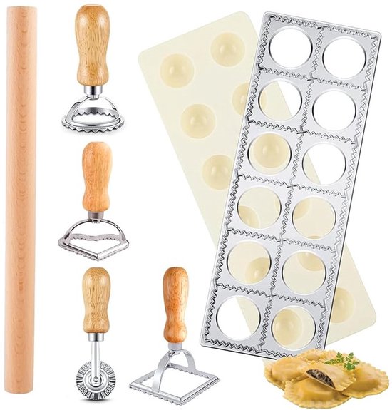 6 Teiliges Ravioli Formenset 12 Loch Stempel, 4 Ausstecher & Nudelholz Aus Holz, Pasta Set Für Teigtaschen & Fleischfrikadellen