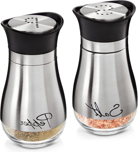 Salz Und Pfefferstreuer Set Glas Edelstahl Aufschrift Salt Peper Je 118 Ml.