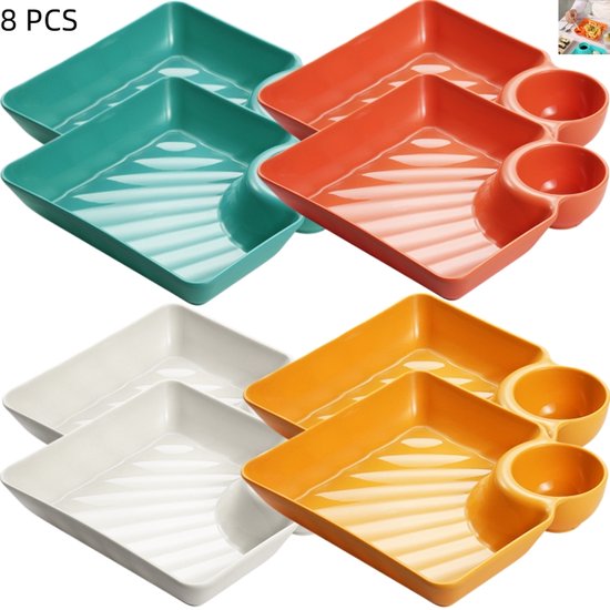 8-teiliges Set Schälchen Für Chips Und Dips Kunststoffschalen Quadratisch Mit Soßenfach Für Teigtaschen Sushi Und Tacos 4 Farben 18 3 18 3 4 Cm 18,3