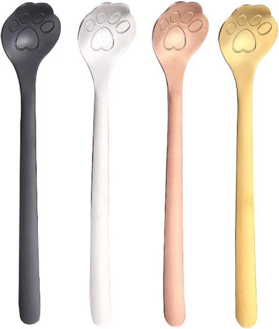4er-set Dessertlöffel Aus Edelstahl Mit Katzenpfoten-motiv – 15 Cm, In 4 Farben, Für Eiscreme, Kaffee Und Tee