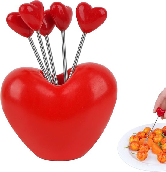 Obstgabeln 5 Stück Herzförmige Obstgabeln 9 Cm Mit Ständer Edelstahl Dessertgabeln Für Kuchen, Salate, Platten, Hochzeiten Und Gastgeschenke Rot