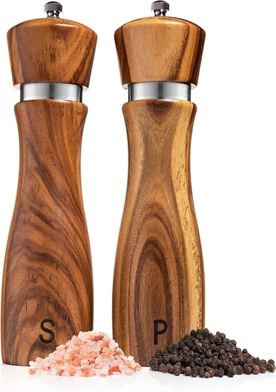 Zweiteilige Salz Und Pfeffermühle Aus Akazienholz, Hölzernes Salz Und Pfeffermühlen Set, Salz Und Pfefferstreuer, Geschirr, Keramikkern 20 Cm