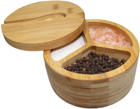 Gewürzdose Gewürzkästchen Salz Und Pfefferstreuer Aus Bambus 3 Teilig Mit Deckel Und Löffel Küchen Gewürzbehälter Bambus 12 × 12 × 6 Cm