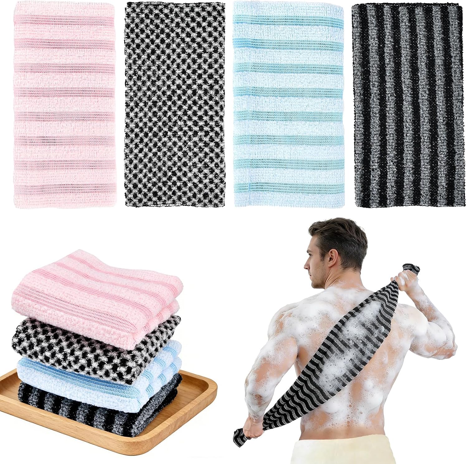 4-teiliges Peeling-duschhandtuch-set, 24 X 100 Cm Extra Langes Doppelpeeling-handtuch, Für Bad, Rücken Und Körper, Für Damen Und Herren