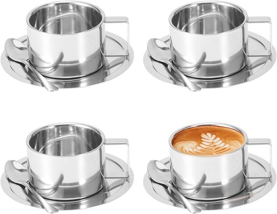 Edelstahl-kaffeebecher-set, 4-teilig, 180 Ml, Isolierte Espressobecher, Doppelwandig, Inklusive Löffel Und Untertasse, Für Kaffee, Latte, Tee Und Milch