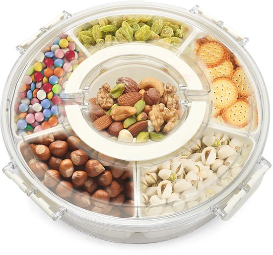 Drehbarer Snackspender Aufbewahrungsbox Mit 6 Fächern Mit Deckel Und Griff Geeignet Zur Aufbewahrung Von Snacks Süßigkeiten Keksen Und Obst 27 Cm