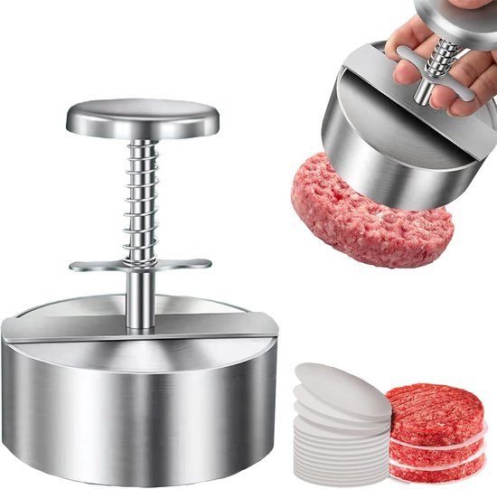 Burgerpresse, Edelstahl 304, Verstellbarer Hamburger Patty Maker + 100 Blatt Backpapier, Antihaftbeschichtete Patty Formen, Für Rindfleischburger