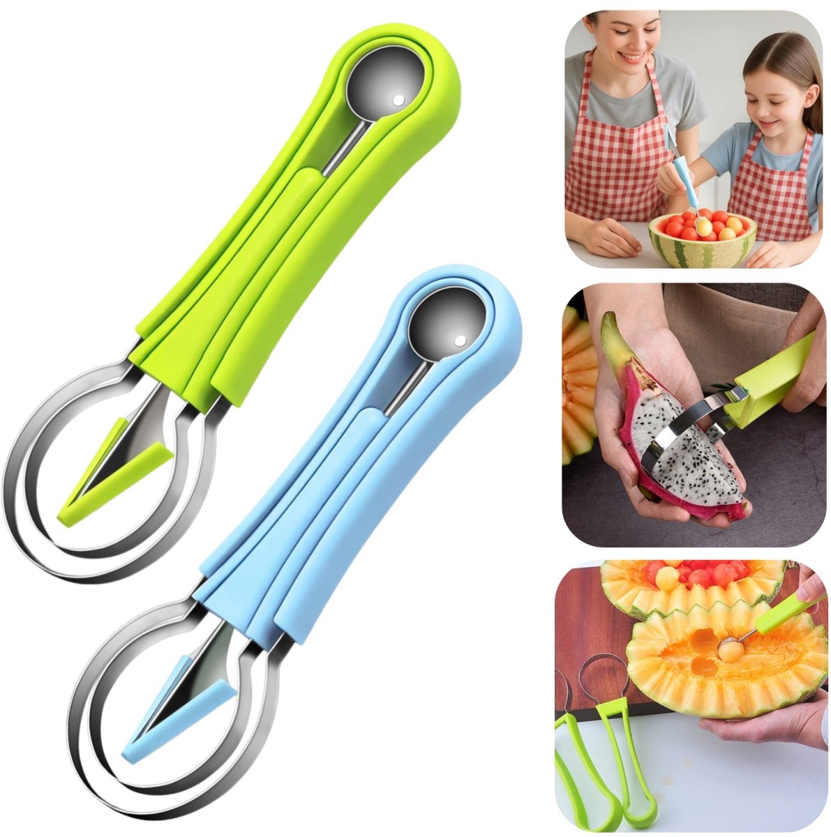 2-teiliges Löffelset – Fruchtlöffel – Fruchtfleischtrenner – Melonenkugellöffel – Hami-melonen-schneidelöffel – Obstschneider – Wassermelonen-schneidewerkzeug – Abnehmbar