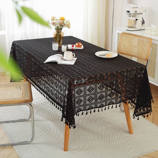 Rechteckige Tischdecke Aus Polyester Baumwolle, Waschbar, Gewebtes, Rautenförmiges Muster Mit Quasten, Für Den Innen Und Außenbereich Gehäkelter