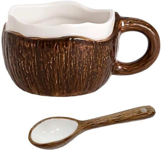 Keramik Kaffeebecher Mit Löffel, Kokosnussbecher, Neuer Becher, Ästhetische Tasse, Elegantes Geschenk Für Zuhause/büro, Ca. 250 300 Ml