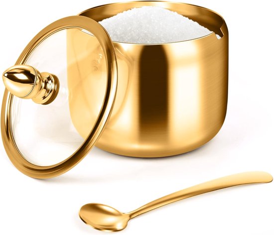 Goldene Zuckerdose Mit Glasdeckel Und Löffel 300 Ml Luxuriöse Edelstahl Zuckerdose Für Die Kaffeeecke