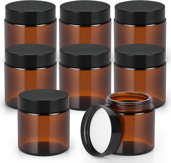Dailygoods – Glasbehälter 120 Ml – Bernsteinfarben – Schwarze Deckel – 8er-set – Robustes Glas – Uv-schutz – Vorratsgläser