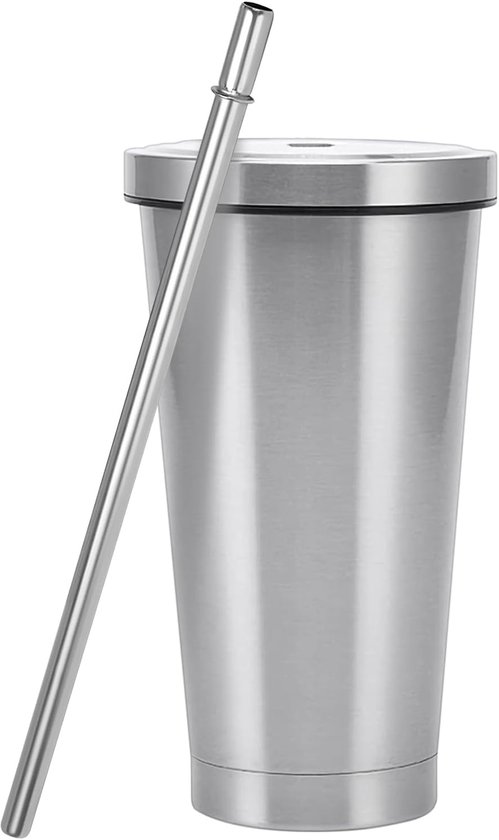 Edelstahlbecher – Doppelwandiger Becher – Für Heiße Und Kalte Getränke – Inklusive Deckel Und Strohhalm – 500 Ml – Silberfarben