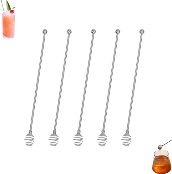 5 Teiliges Set: Kaffeerührer, Edelstahlrührer, Marmeladenrührer, Honigrührer Mit Langem Griff, Wiederverwendbarer Getränkerührer, 24 Cm Cocktailr