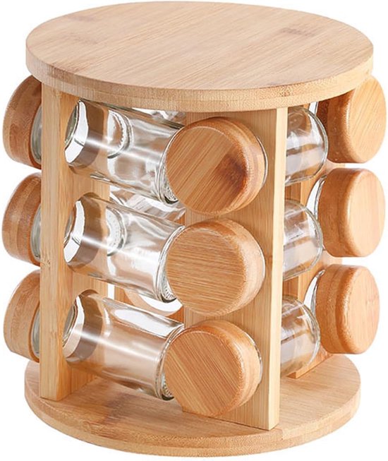 Gewürzregal Aus Holz – Drehbarer Organizer – Küchenorganisation – Leichtgängige Drehung – 15 X 15 X 31 Cm – Holzfarbe