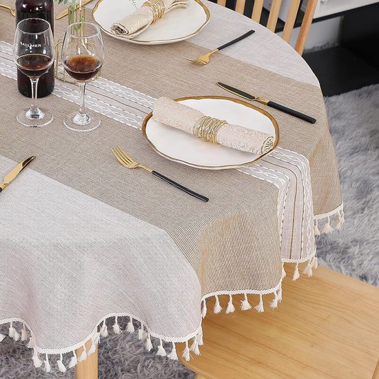 Runde Tischdecke (140 Cm Durchmesser), Khaki, Fleckenabweisend, Mit Stickereiquasten, Für Geburtstage Und Hochzeiten Waschbare Tischdecke Aus Lei