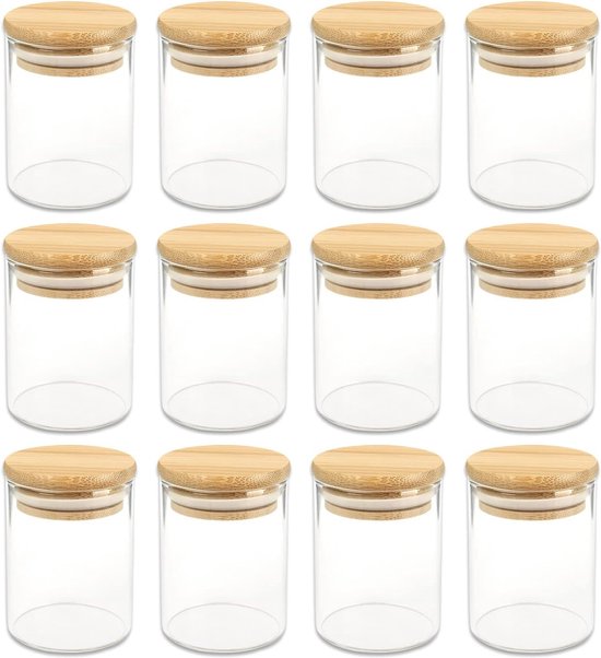 Gewürzgläser, Rund, 120 Ml, 7,5 X 5,5 Cm, Mit Bambusverschluss, Inkl. Etiketten, Wahlweise 6, 12 Oder 24 Stück, Größe: 12 Stück