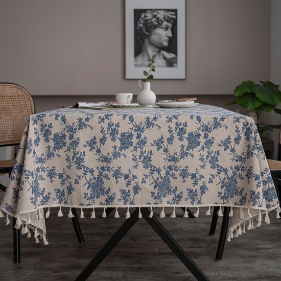 Tischdecke Aus Baumwoll Leinen Mischgewebe Mit Französischen Vintage Blaurosen Rechteckig Mit Genähten Quasten Für Küche, Esszimmer, Teepartys Un