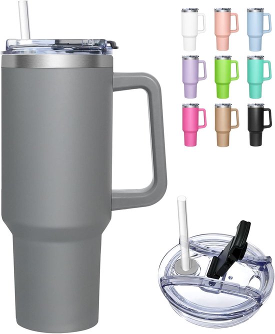 Thermobecher Mit 2 In 1 Deckel, 1180 Ml, Thermobecher Für Kaffee Zum Mitnehmen, Trinkbecher Mit Deckel Und Strohhalm, Isolierter Edelstahlbecher