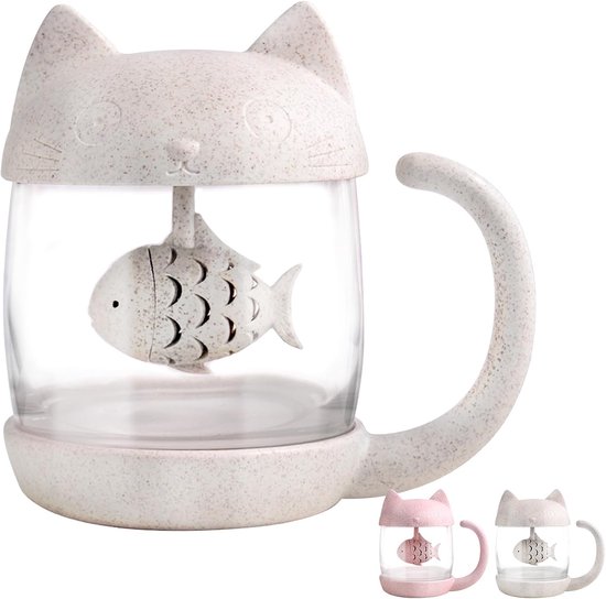 Glas-teebecher Für Katzen, Wasserflasche Mit Fischmotiv, Tee-ei, Siebfilter, 250 Ml