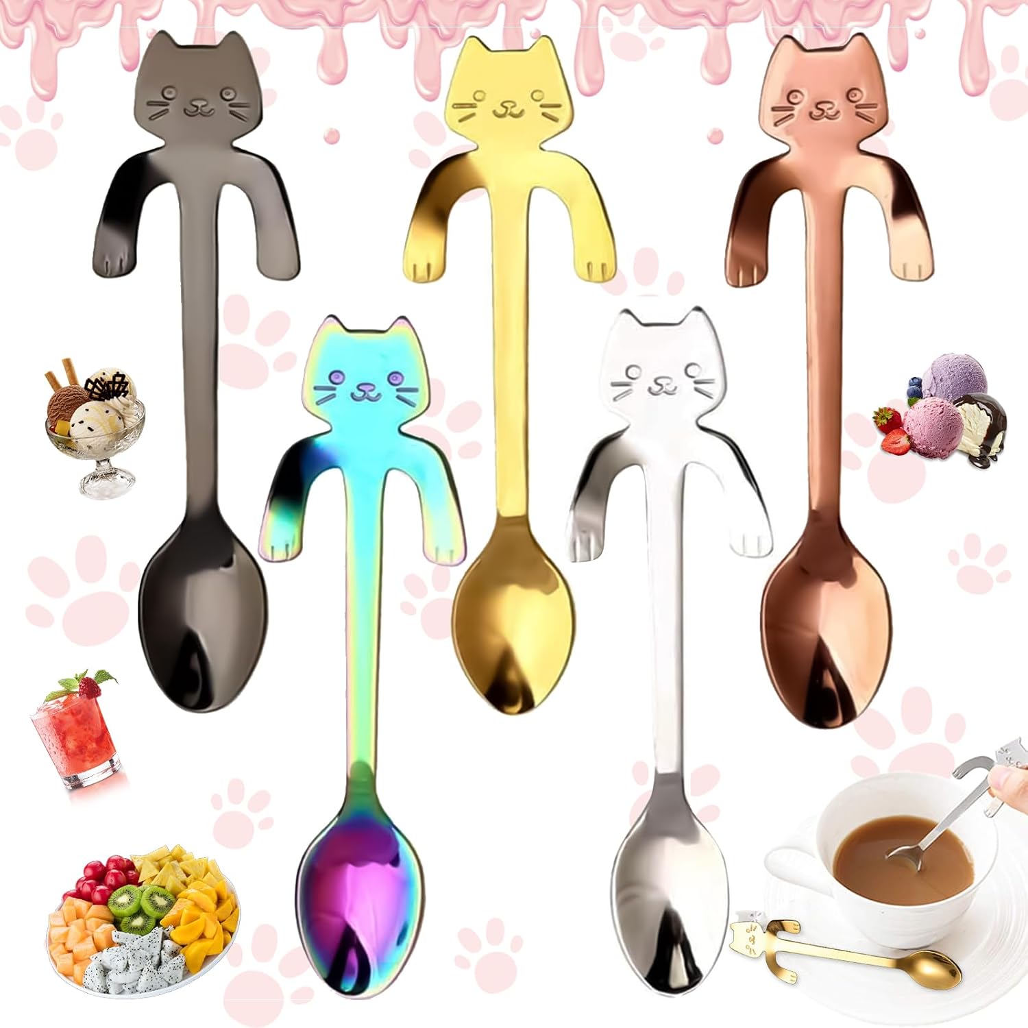 Hängender Teelöffel In Katzenform Aus Edelstahl, 5 Stück Hängender Löffel In Katzenform Aus Edelstahl, Für Wasser, Tee, Milch, Kaffee, Desserts, Getränke, Milchshakes (5 Farben)