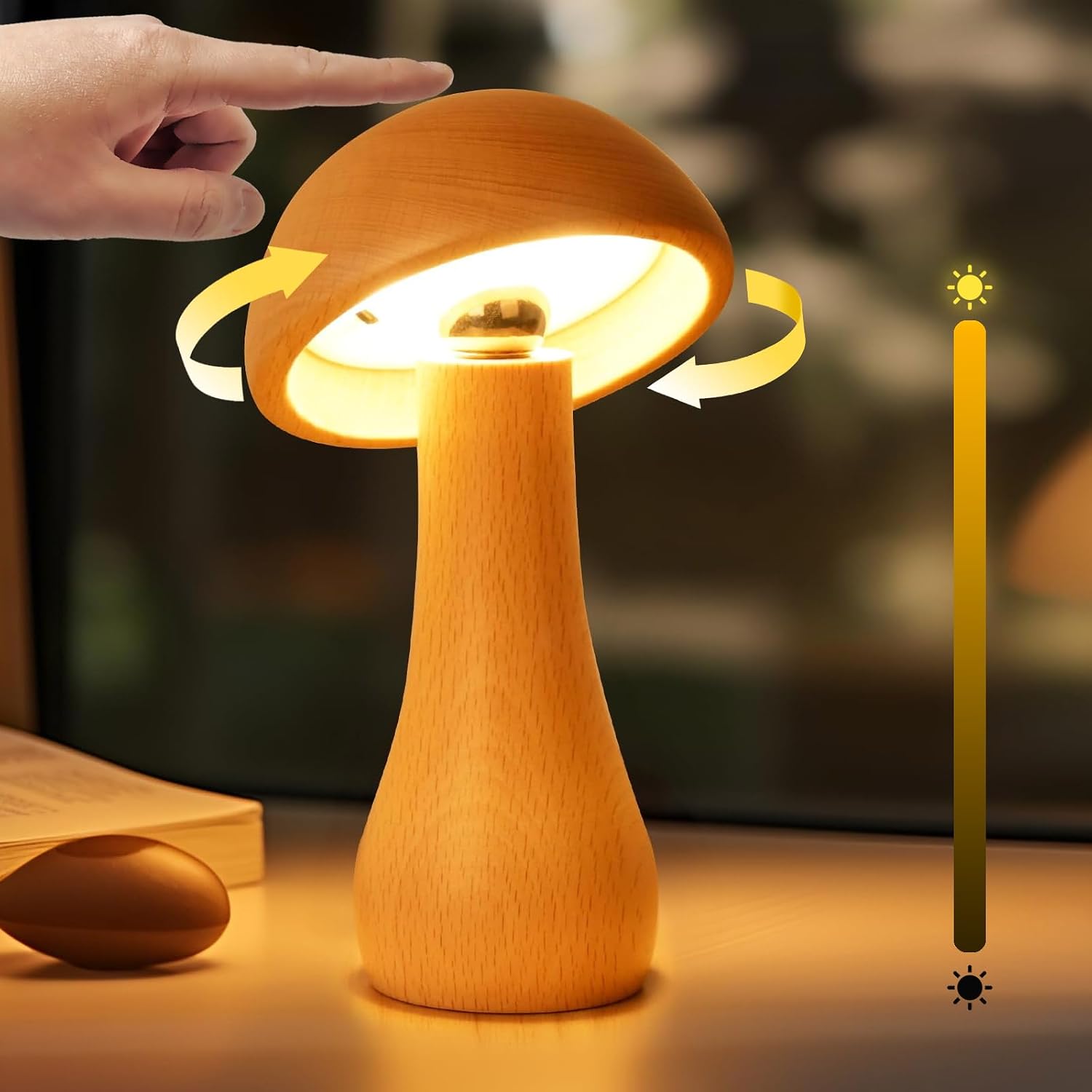 Einzelne Pilzlampe Aus Holz – Berührungsschalter – Wiederaufladbar – 360° Drehbar – Stufenlos Dimmbar – Für Nachttisch Und Wohnzimmer