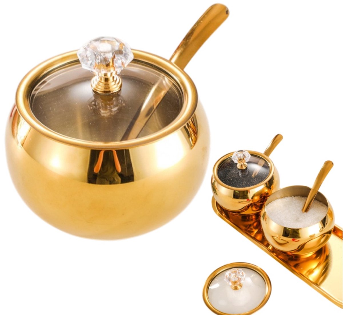 Zuckerdose Aus Edelstahl – Mit Deckel Und Löffel – Gewürzdose – Aufbewahrungsbehälter – 8 X 5,5 X 6 Cm – Für Die Küchenarbeitsplatte – Goldfarben