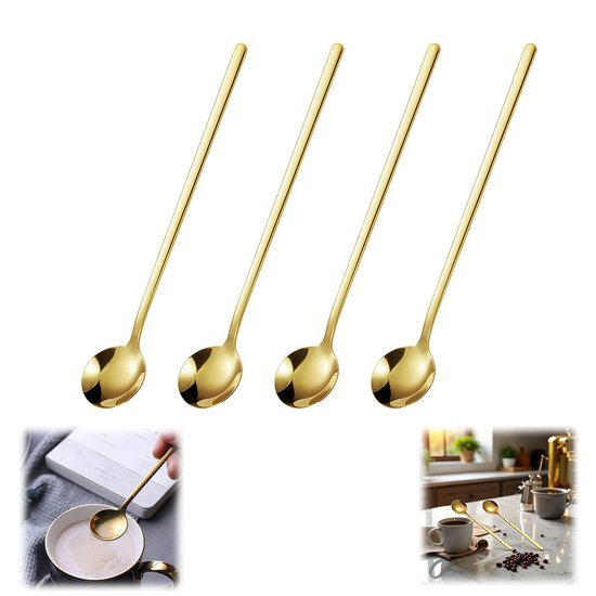 4 Teiliges Set Kaffeelöffel Teelöffel Löffel Mit Langem Stiel Dessertlöffel Eislöffel Goldfarben Für Eistee, Espresso Und Andere Getränke Rührlöf