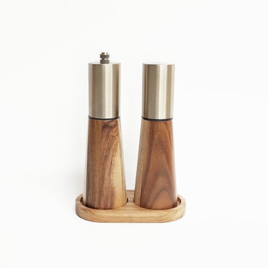 2 Teiliges Küchenset Mit Pfeffer Und Salzmühle Aus Metall Und Akazienholz, Bestehend Aus Gewürzflasche Aus Edelstahl Und Holz, Handmühle Und Gewü