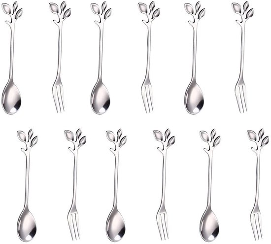 12 Teiliges Edelstahl Teelöffelset 12 Cm Silberblatt Löffel Silberblatt Gabel Insgesamt 6 Löffel Und 6 Gabeln Für Teepartys Im Familienkreis Und