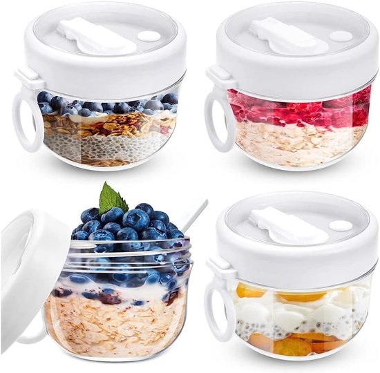 4 Overnight Oats Behälter Mit Deckel, Löffel, 600 Ml Müslibecher, Overnight Oats Gläser, Joghurtbecher, Einmachgläser, Hafergläser Für Milch, Müs