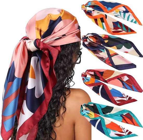 4 Teiliges Quadratisches Kopftuch Set Satin Kopftuch Kopftuch Für Frühling Und Sommer Blumenmuster Buntes Bedrucktes Satin Kopftuch Haarband Viel