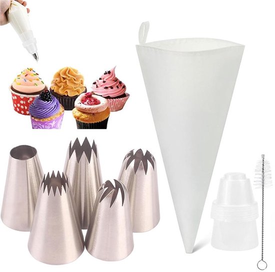 Set Mit 8 Professionellen Wiederverwendbaren Spritzbeuteln Inklusive 5 Großer Edelstahl-tüllen Für Kuchen Gebäck Kekse Cupcakes Und Macarons Mit